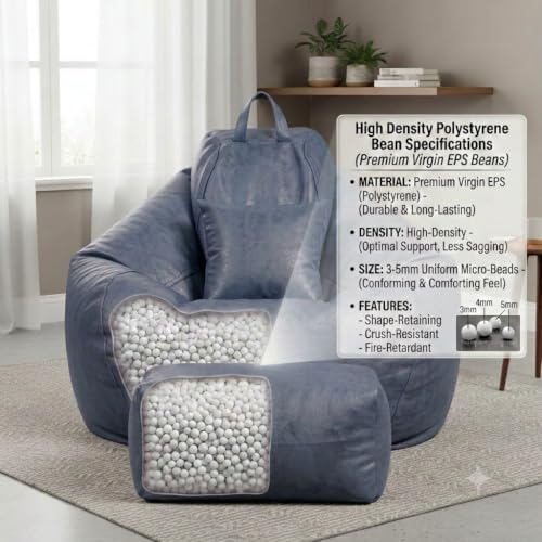 Image of 4XL Suede Bean Bag Chair with Footrest & Cushion | Filled with High Density Polystyrene Beans | Premium Soft Fabric | Teardrop Design with Handle | Ready to Use Color- (NAVY BLUE, Bean Bag)