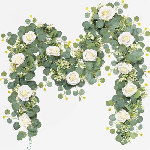 Lxoraziy Guirnalda Eucalipto Artificial con Flores Blancas, 2 Piezas de 180cm, Decoración de Boda Bohemia, Guirnalda Verde para Arco, Mesa, Cartel de Bienvenida