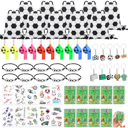 GSrenyu 60 Pcs Football Party Bags Fillers Football Party Bags for Kids Football Party Favors Set with Keychains Bracelets Whistles Tattoos Stickers Soccer Party Supplies for Boys Girls Birthday Gift
