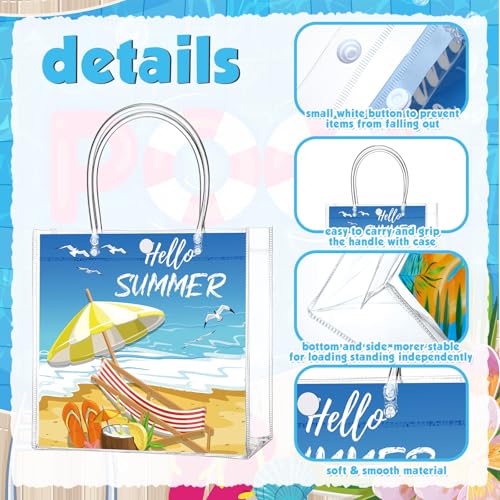 Image of Teenyyou 24 Pcs Pool Party Favor Bags Summer Pool Beach Theme Designs Clear Gift Bags Reusable PVC Tote Container with Handles for Baby Shower, Bridal Shower, Wedding, Birthday Party Supplies