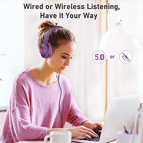 LETSCOM Bluetooth Headphones, 100 Hours Playtime Bluetooth 5.0 Headphones Over Ear with Deep Bass, Hi-Fi Sound and Soft Earpads, Built-in Mic, Wired/Wireless Headset for Home Office-Red Purple
