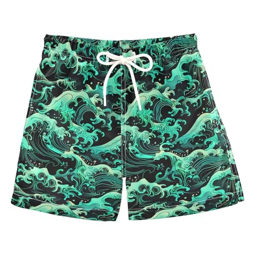 Boys Swim Trunks Green Black Waves Beach Board Shorts Quick Dry Swimsuit Toddler Kid Teen