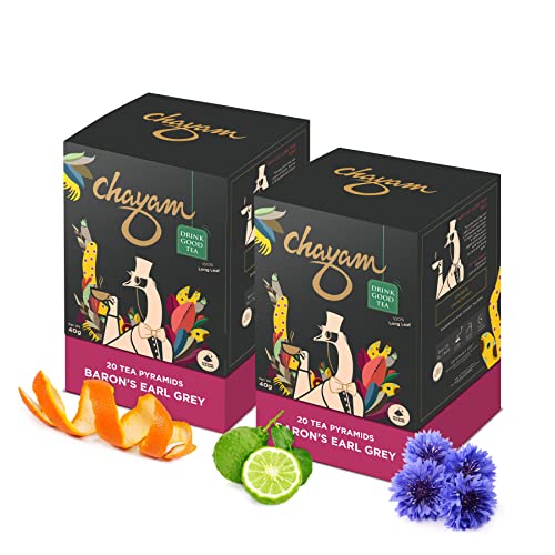 Image of CHAYAM Baron's Earl Grey Tea Bags with Citrusy Orange Peel & Blue Corn Flower | 20 Tea Bags, Pack of 2 | 100% Natural Bergamot Oil | Whole Leaf Assam Orthodox Black Tea | Make Hot or Iced Tea