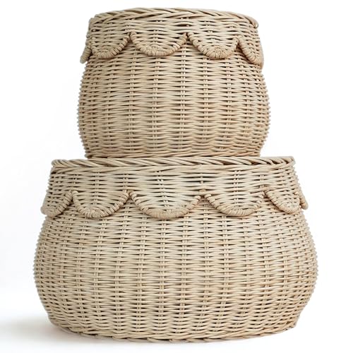 Palonona - Scalloped Basket Set of 2 Small Natural Rattan Decorative Storage Baskets with Lids - Round Shape - Handwoven Natural Wicker Boho Décor for Shelves, Countertops & Gift Baskets.