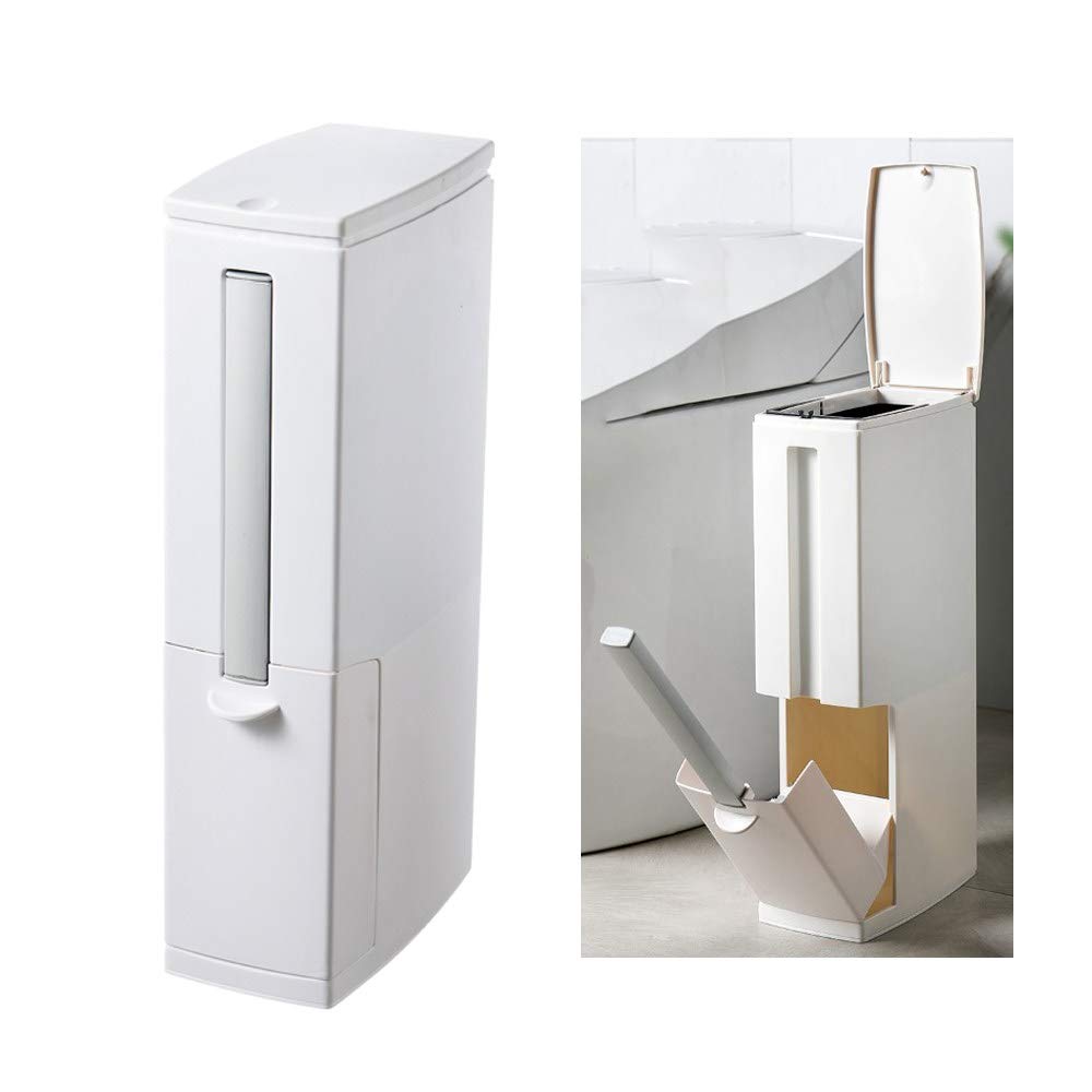 2 in 1 Trash Can and Toilet Brush for Bathroom, Multifunction Space Saving Bathroom Cleaning Wastebasket Trash Can with Brush Cleaning Set Integrated Storage Holder,White
