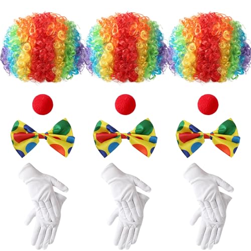 VZZNN 3 Pack Clown Costume Accessories Set - Rainbow Clown Wig Red Nose Bow Tie & White Gloves for Adults & Kids Perfect for Halloween Circus Parties Carnival & Pretend Play