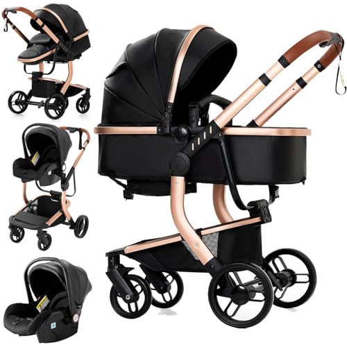 Reenborn Cuir PU Poussette 3 en 1, Poussette Bebe avec Réversible Deux Façons de Pousser, Pousette 3 in 1 avec Conception Pliable en Un Clic, Pousette Trio...