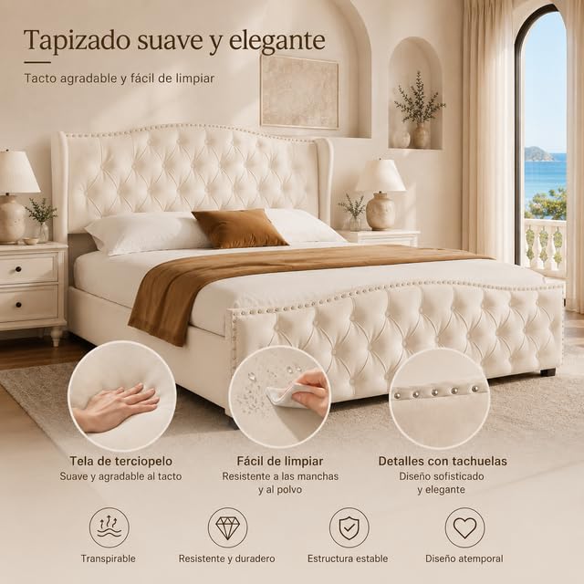 Cama 140x200 cm con canapé abatible y somier de láminas, Cama de Matrimonio tapizada, cabecero capitoné Chesterfield, Apertura hidráulica, Estructura metálica, Terciopelo Beige sin colchón
