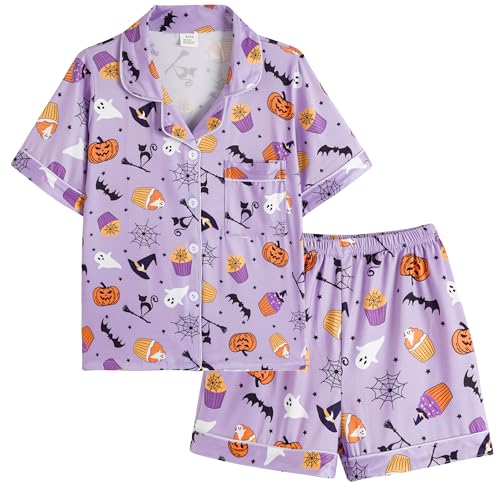 Vopmocld Girls 2PCS Pajama Sets Button Down Short Sleeve with Shorts Sleepwear Summer Cute Lounge Outfit Sets for Teens
