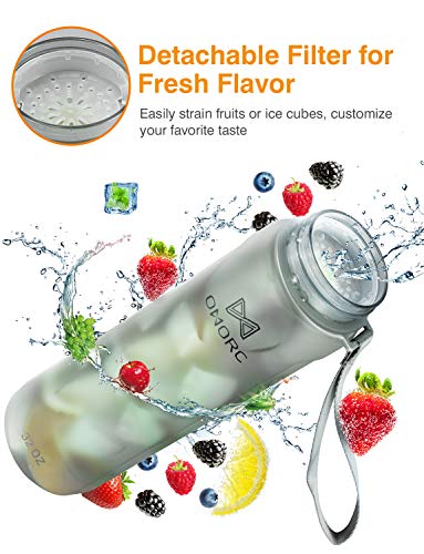 OMORC Sports Water Bottle with time marker-32oz, Fruit Infuser BPA Free Tritan Plastic Drinking Bottle with Locking Flip Lid, One-Handed Open Fitness Workout Water Bottle with Filter-Grey