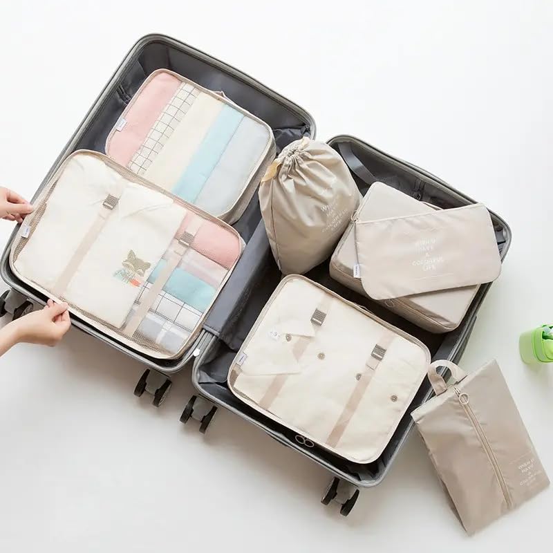 Image of 7 Pcs Foldable Luggage and Laundry Bag Pouch Waterproof Travel Toiletry Organizer Garment Storage Bag Portable Packing Cubes Storage Bag (1 Pc) (Grey) (BEIGE)