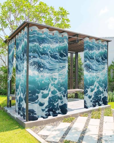 Litter Star Waterproof Outdoor Curtains for Patio Porch, Summer Seaside Watercolor Wavy Grommet Curtain Panel Windproof Outside Curtains Tieback, Teal Ocean Seamless Weighted Window Treatment Drapes