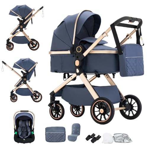 BEBBY Cochecito de bebé 3 en 1,Carrito Bebe 3 en 1 Con Asiento, Cochecitos Portátil Plegable Con, Carricoche Combinado Paisaje Alto Marco de Aluminio Para Recién Nacido (U9-X-BLUE, U9-X)