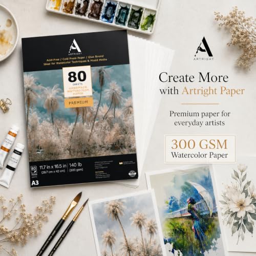Image of ArtRight Artists' Watercolor Paper A3 300 GSM - 80 Sheets of Handmade Rough Grain Water Colour Papers for Watercolour, Acrylic, Gouache, Ink & Mixed Media