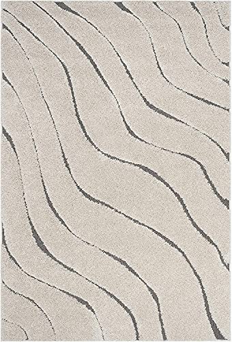 Image of Abstract Wavy Design Square Shaggy Carpet for Living Room, Bedroom, High Low Design Finish Microfiber 1.8 Inch Pile High, 4x4 Feet Ivory|Grey Color