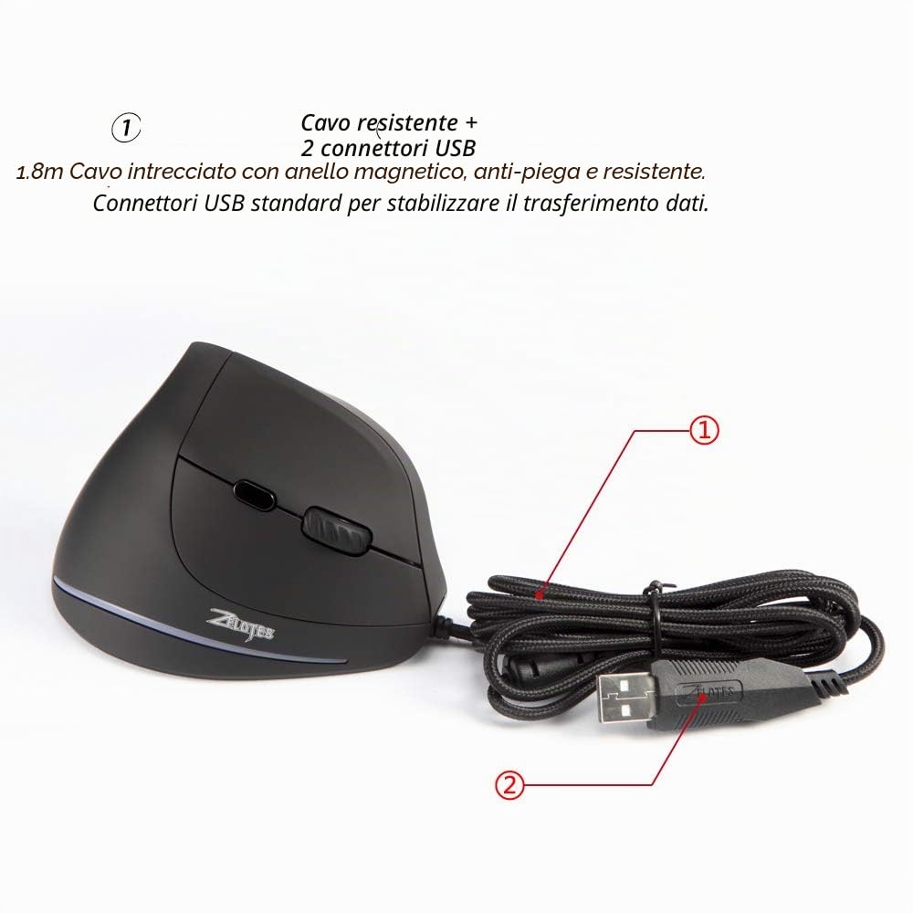 zelotes Mouse Verticale Cablata, 3200DPI,6 Pulsanti,Protegge Il Braccio,Illuminazione a LED,Design Ergonomico,Mouse con Filo Ottico USB per PC,Laptop,Mac,Nero