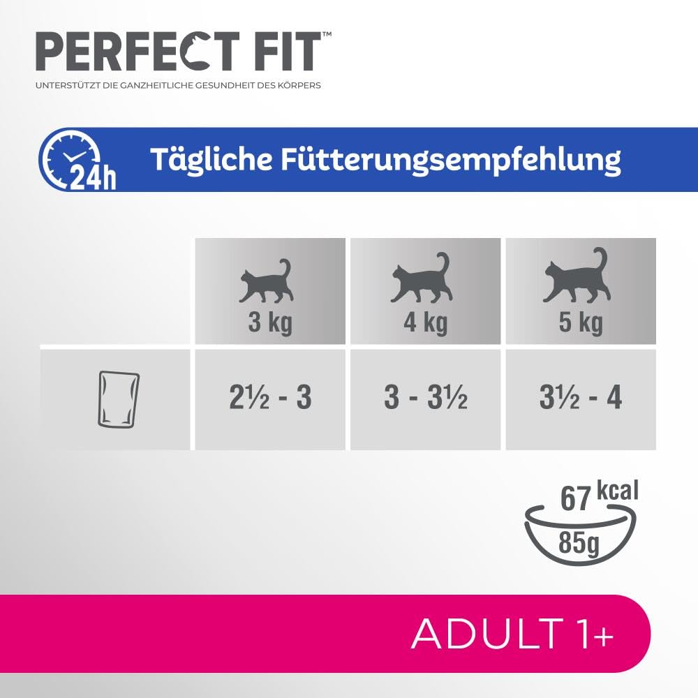 Perfect Fit Adult 1+ Katzennassfutter Auswahl mit Lachs, Hochseefisch, Rind und Huhn, 48 Portionsbeutel, 12x85g (4er Pack) – Premium Katzenfutter nass, für erwachsene Katzen ab 1 Jahr