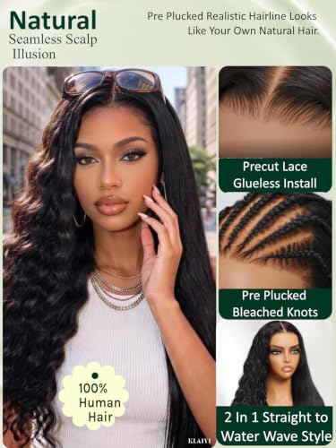 Image of KLAIYI 2 In 1 Straight to Water Wave Glueless 7x5 Lace Wig Human Hair 24 inch