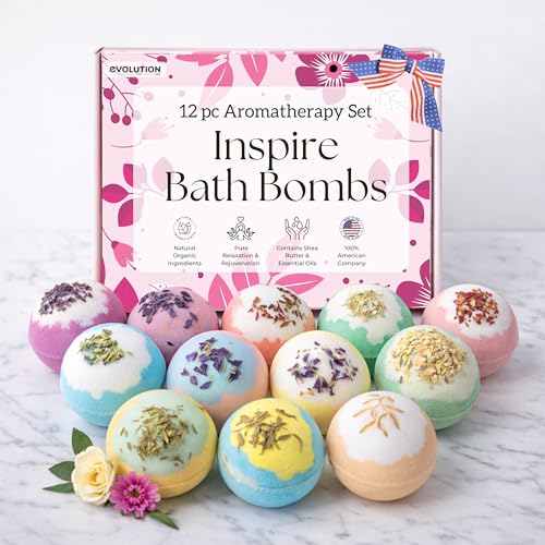 EvolutionUSA 12 Inspire Bath Bombs for Women & Girls – Flower Topped Bath Bombs Girls, Fun...