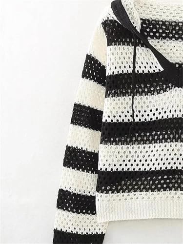 Women Striped Hollow Out Short Sweater Spring Summer Long Sleeved Hooded Knitted Pullover Tops4
