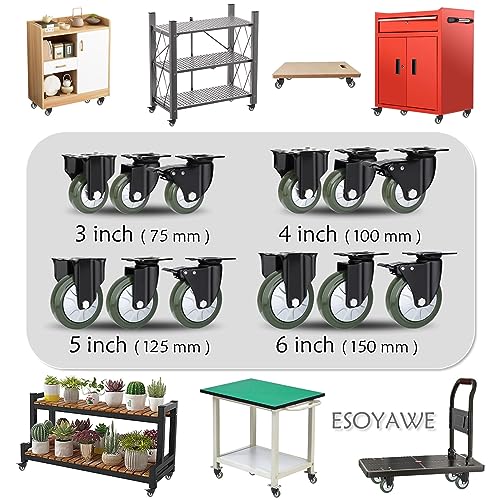 ヘビーデューティ工業用キャスターホイール 4個セット、3インチ 4インチ 5インチ 6インチ ブレーキ付きソリッドラバーホイール、動