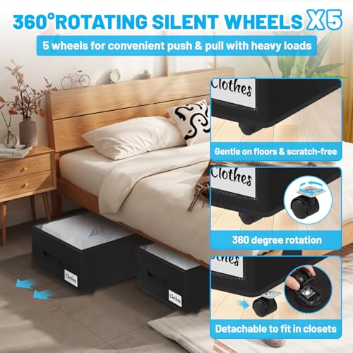 Image of Under Bed Storage with Wheels, 3-Pack 10 inch Height XXL 75L Rolling Storage Bins, Quick Assembly Underbed Shoe Storage Containers with Clear Lid & Label, Dorm Under Bed Drawers for Clothes, Shoes, Black