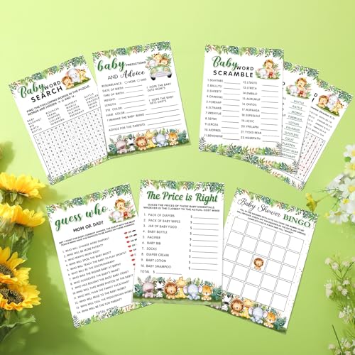 Image of Jetec 302 Pcs Safari Animal Theme Baby Shower Games, 6 Games, 50 Sheets Each, Shower Party, Word Scramble, Baby Word Search, Predictions and Advice, The Price is Right