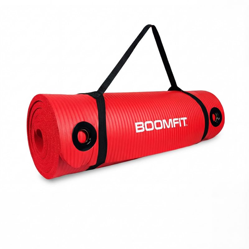 BOOMFIT Esterilla Yoga y Pilates NBR 183x61 cm - Grosor 1,5cm – Colchoneta Fitness de Alta Densidad Antideslizante + Correa Transporte – Protege Rodillas y Articulaciones en Entrenamiento y Gimnasia