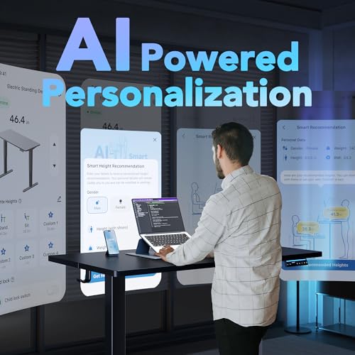Image of HUANUO 48 inch AI Smart Standing Desk with App-Synced Sedentary Reminders, Electric Height Adjustable Desk with Body-Data Ergonomic Presets, Voice Control Alexa /Google /Siri, 3 Memory Settings Table, Black