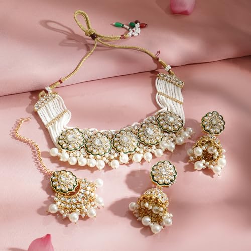 Image of Rubans Necklace Maangtikka Set Gold Plated Kundan & Pearl Jewellery Gift for Women & Girls