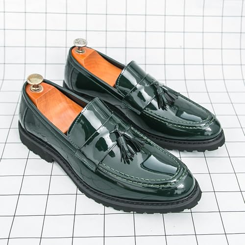 Men's Tassels Patent Leather Slip-On Loafers Block Heel Non-Slip Lug Sole Dress Oxfords Comfortable Round Toe Casual Penny Formal Shoes4