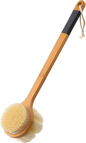 Cepillo de ducha con cerdas rígidas y lufa, mango largo, esponja de malla exfoliante corporal para cepillado húmedo o seco, hombres y mujeres