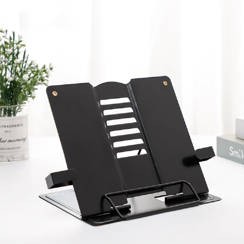 jaexest Desk Book Stand Metal Adjustable Book Holder for Reading Cookbook Documents Holder for Textbook, Recipe, Music Book, Tablet Stand (Black)