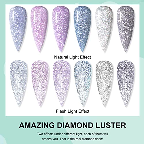 Saviland Reflective Glitter Gel Nail Polish Set - 6 Colors Super Flashing Diamond Gel Polish Set with Nail Brush, Purple Blue Black Sparkling Soak Off UV/LED Nail Gel Manicure Kit - Image 3