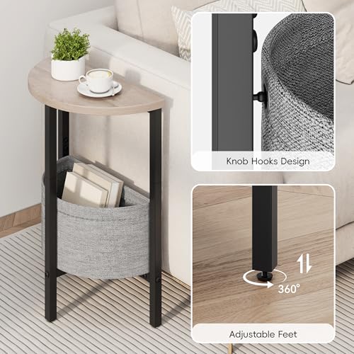 Vagusicc Small Round Side Table End Table, Tall Accent Table with Storage Basket, Set of 2 Half Round Tables Half Moon Tables, Coffee Bedside Tables, Modern Nightstand for Living Room Bedroom, Gray