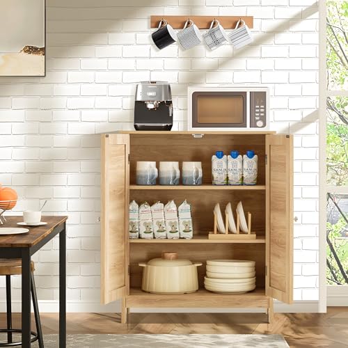 Iwell Storage Cabinet, Rattan Cabinet with Adjustable Shelf, Floor Storage Cabinet, Bathroom Storage Cabinet, for Living Room, Entryway, Kitchen, Home Office, Nature