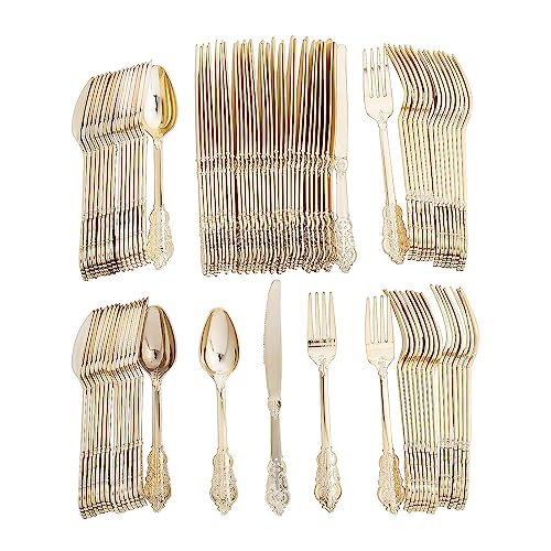 Bulk 96 Count Premium Ornate Gold Plastic Cutlery Sets