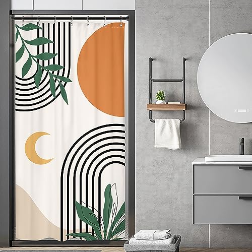 Image of Riyidecor Stall Boho Small Half Size 36x72 Inch Shower Curtain,Camper Abstract Mid Century Modern Aesthetic Geometric RV Single Narrow Dorm Decor Bathroom Set Polyester Waterproof Fabric Hooks