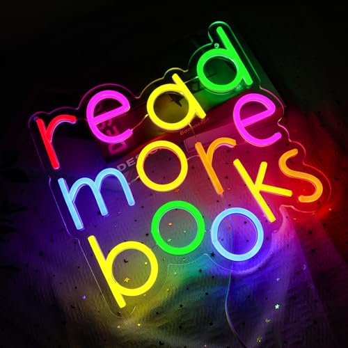 Image of Read More Books Neon Sign for Wall Decor, Reading Led Signs for Library, USB Dimmable Neon Lights for Classroom Reading Corner Bedroom Study Room Home Book Club Motivational Wall Art