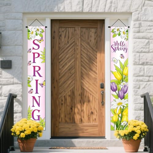 Image of Nuxovilar Hello Spring Tulip Daisy Porch Banners 12x70 Inches Polyester | Spring Porch Sign, Hanging Decor Colorful welcome Banner, Floral Tulip Accent Garden, Yard, Home (Hello Spring)