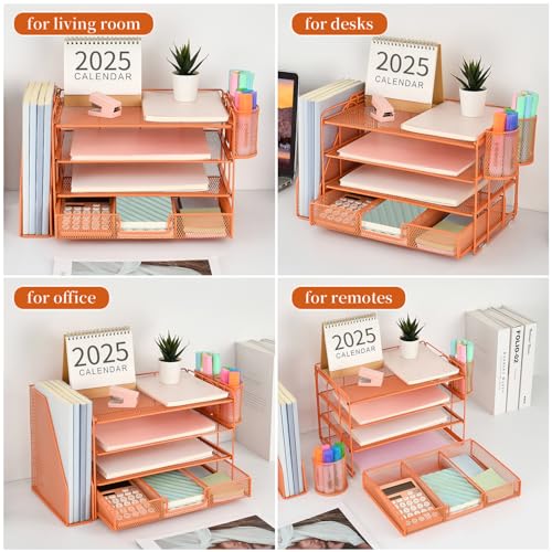 Image of gianotter Paper Letter Tray Organizer with File Holder, 4-Tier Desk Accessories & Workspace Desk Organizers with Drawer and 2 Pen Holder for Office Supplies (Orange)