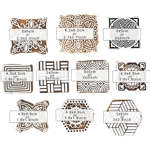 Image of Wooden Indian Traditional Design Printing Stamps /Blocks for Printing Saree Border /Dresses /Craft Card Making /Scrapbook /Clay Pottery (Set of 10)