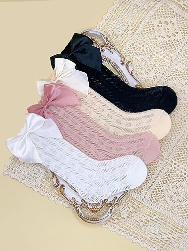 OYOANGLE Girl's 4 Pairs Cute Ruffle Knee High Socks Bow Front Over the Calf Socks Black Beige 2Y4