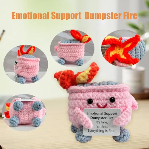 Image of RovyFota Handmade Crochet Dumpster Fire Plush - Stress Relief Amigurumi for Adults & Teens, Funny Desk Decor, Emotional Support Gift for Coworkers, College Students, Roommates (Pink)