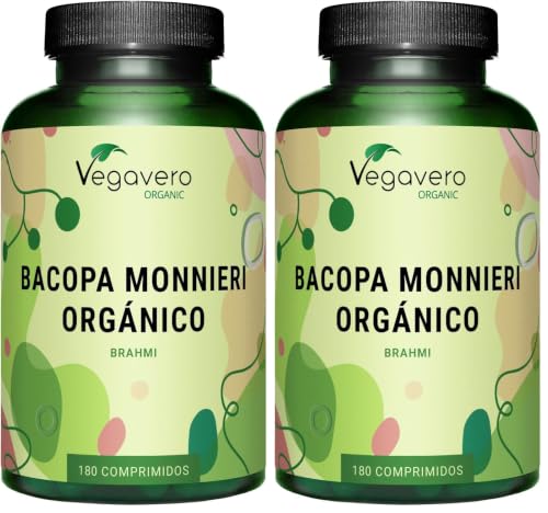 Bacopa Monnieri BIO | 180 Comprimidos | Nootropicos Memoria y Concentracion | BRAHMI Orgánico | 1500 mg | Vegano | Vegavero (Paquete de 2)