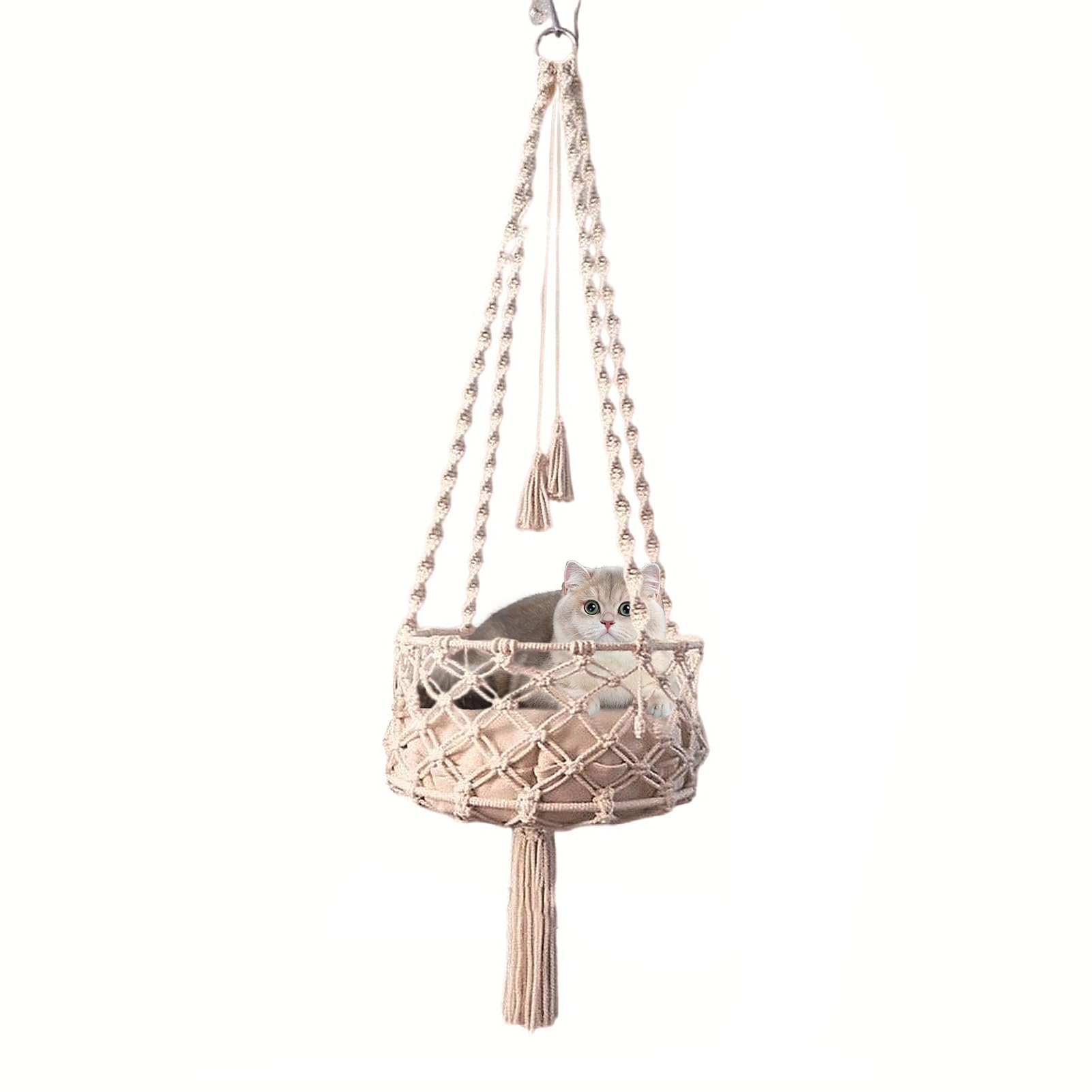 MISNODE Macrame Cat Hammock Bed, Handwoven Cats Bed with Cushion, Hanging Indoor Boho Kitten Swing Beds for Playing Sleeping, Handwoven Boho Cat Swing with Hanging Kit for Indoor