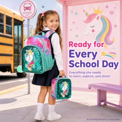 Image of 3PCS Unicorn Backpack for Girls, 16 inch Sequins Kids Bookbag with Lunch Box, School Bags for Elementary Preschool Kindergarten - Green