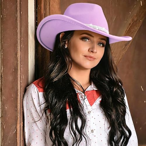 Image of DRESHOW Glitter Cowboy Hat Classic Western Rhinestone Cowgirl Hat Outdoor Wide Brim Retro Felt Fedora Hats Rolled up Caps