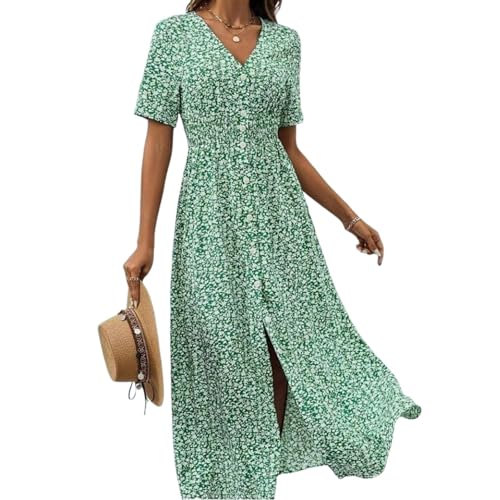 Women's Summer V-Neck Boho Floral Print Midi Dress Button Up Slim Beach Vacation Casual Midi Dress