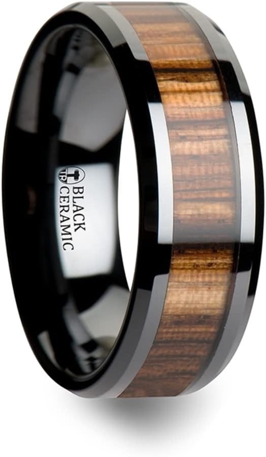 Mens Black Ceramic Real Zebra Wood Inlay Wedding Ring - Beveled Comfort Fit - 4mm 6mm 7mm 8mm 10mm Wide - Style name: ZEBRANO